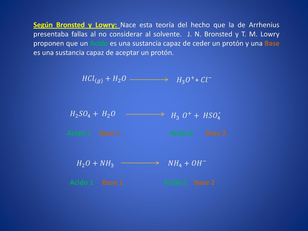 Según Bronsted y Lowry: Nace esta teoría del hecho que la de Arrhenius presentaba fallas al no considerar al solvente. J. N. Bronsted y T. M. Lowry proponen que un Acido es una sustancia capaz de ceder un protón y una Base es una sustancia capaz de aceptar un protón.