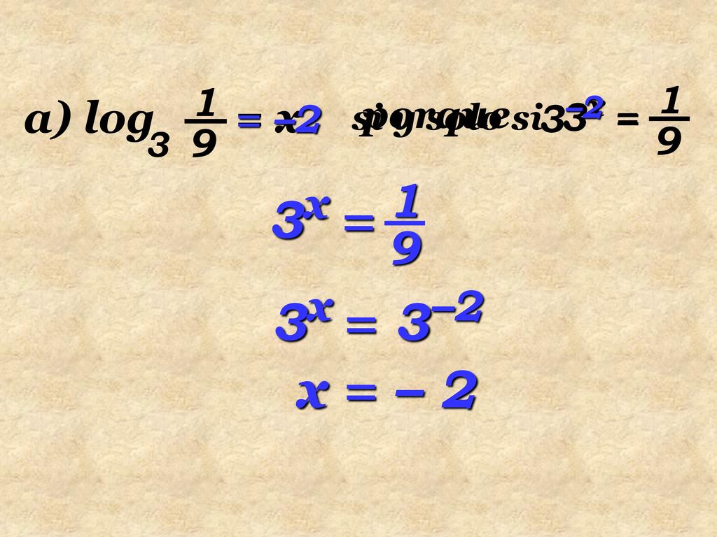 3x = 3x = 3–2 x = – a) log = x porque = –2 3–2 = 3x =