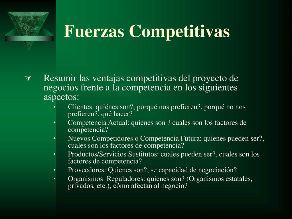 Fuerzas Competitivas Resumir las ventajas competitivas del proyecto de negocios frente a la competencia en los siguientes aspectos: