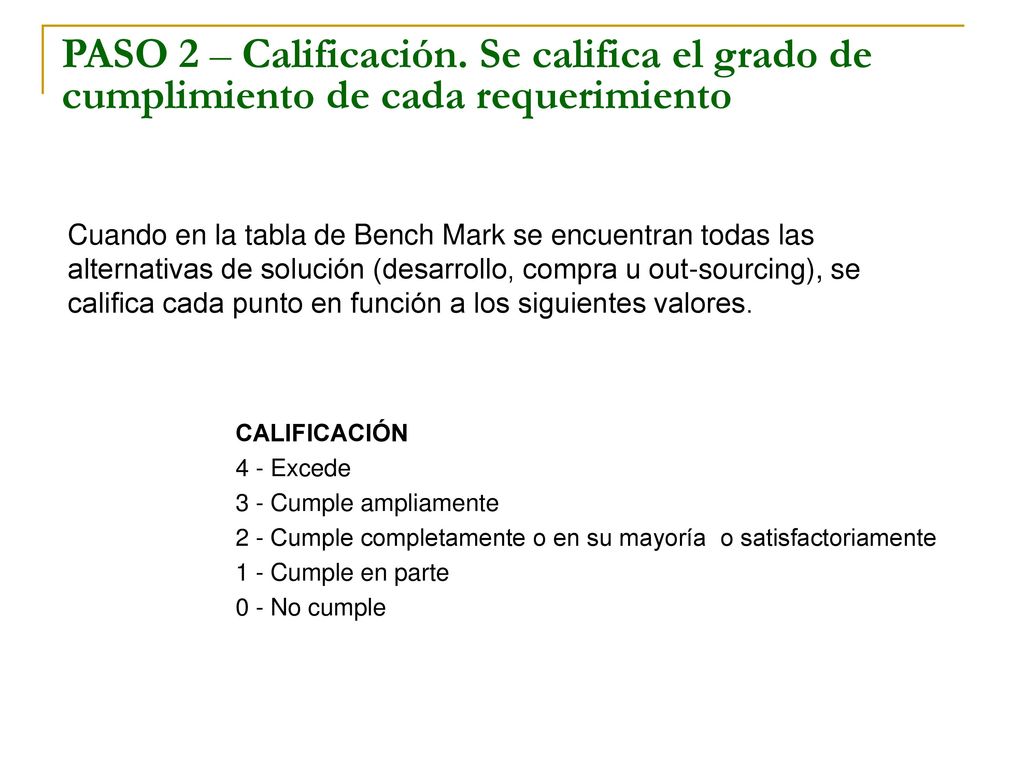 PASO 2 – Calificación. Se califica el grado de cumplimiento de cada requerimiento