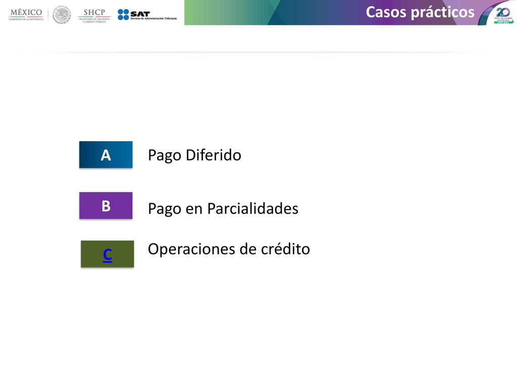 Casos prácticos A Pago Diferido B Pago en Parcialidades Operaciones de crédito C