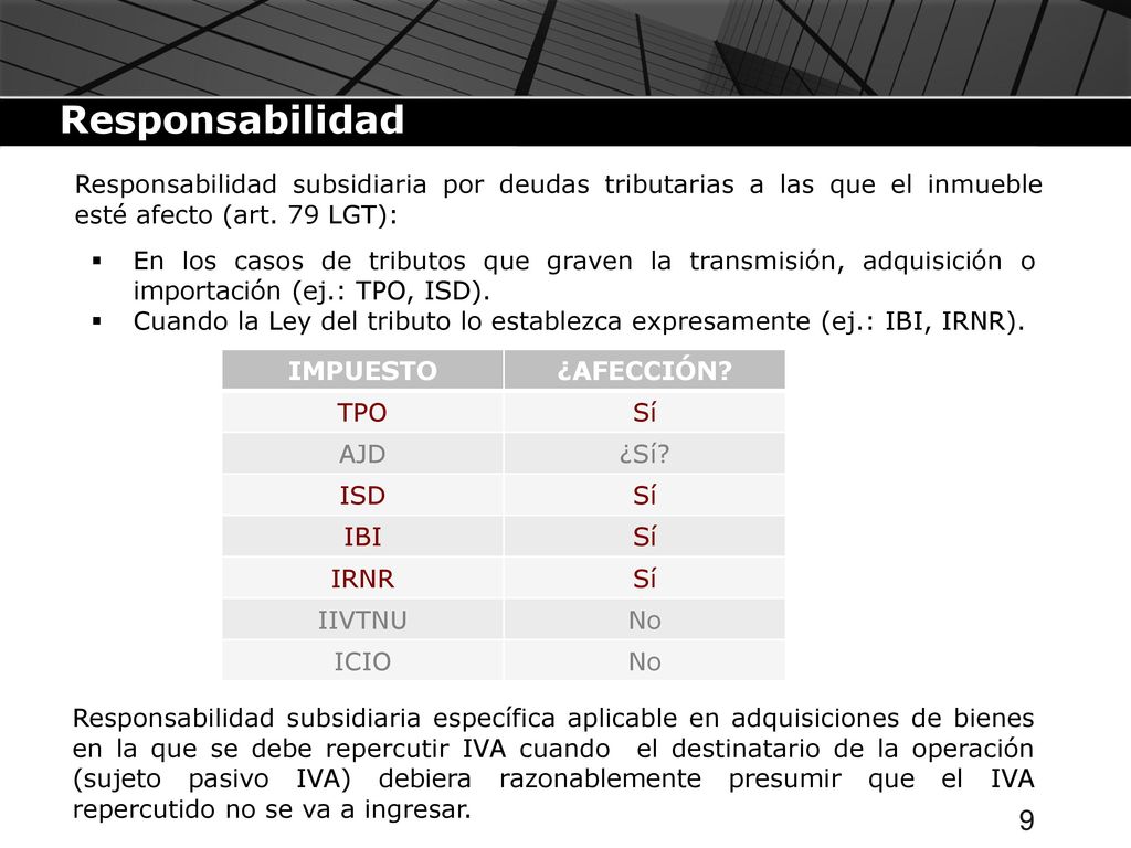 Responsabilidad Responsabilidad subsidiaria por deudas tributarias a las que el inmueble esté afecto (art. 79 LGT):