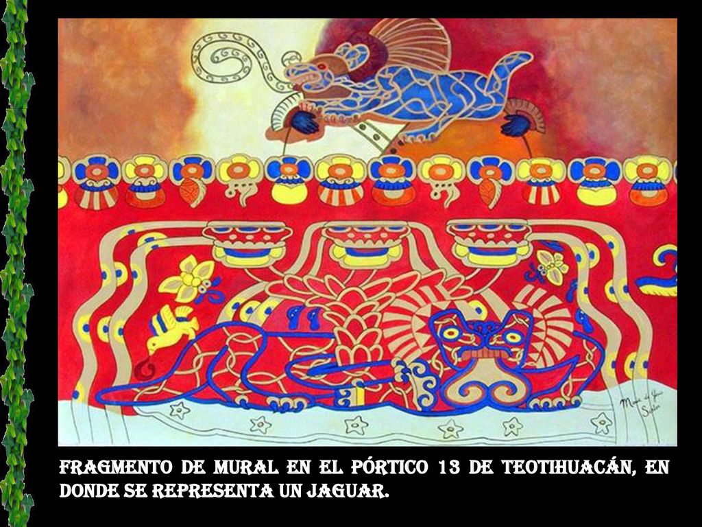Fragmento de mural en el pórtico 13 de Teotihuacán, en donde se representa un jaguar.