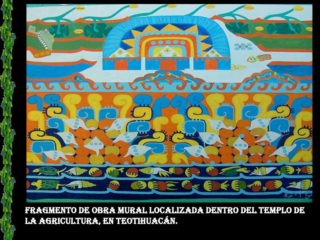 Fragmento de obra mural localizada dentro del Templo de la Agricultura, en Teotihuacán.