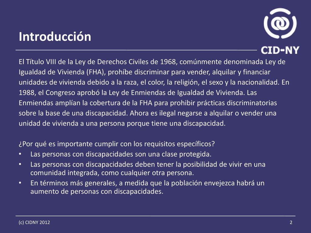 Introducción El Título VIII de la Ley de Derechos Civiles de 1968, comúnmente denominada Ley de.
