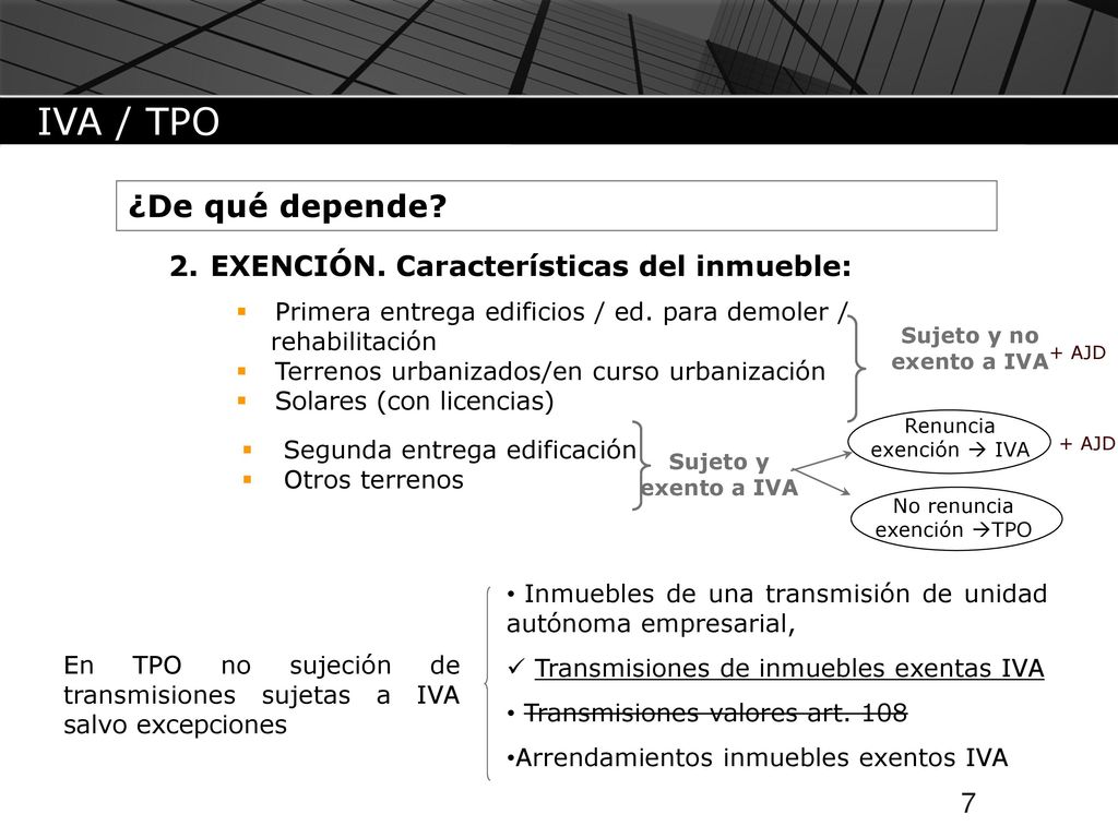 IVA / TPO ¿De qué depende EXENCIÓN. Características del inmueble: 7