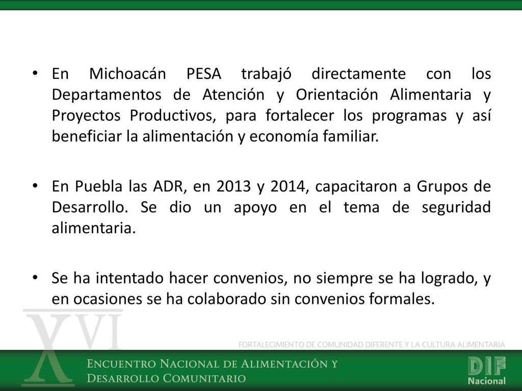 En Michoacán PESA trabajó directamente con los Departamentos de Atención y Orientación Alimentaria y Proyectos Productivos, para fortalecer los programas y así beneficiar la alimentación y economía familiar.