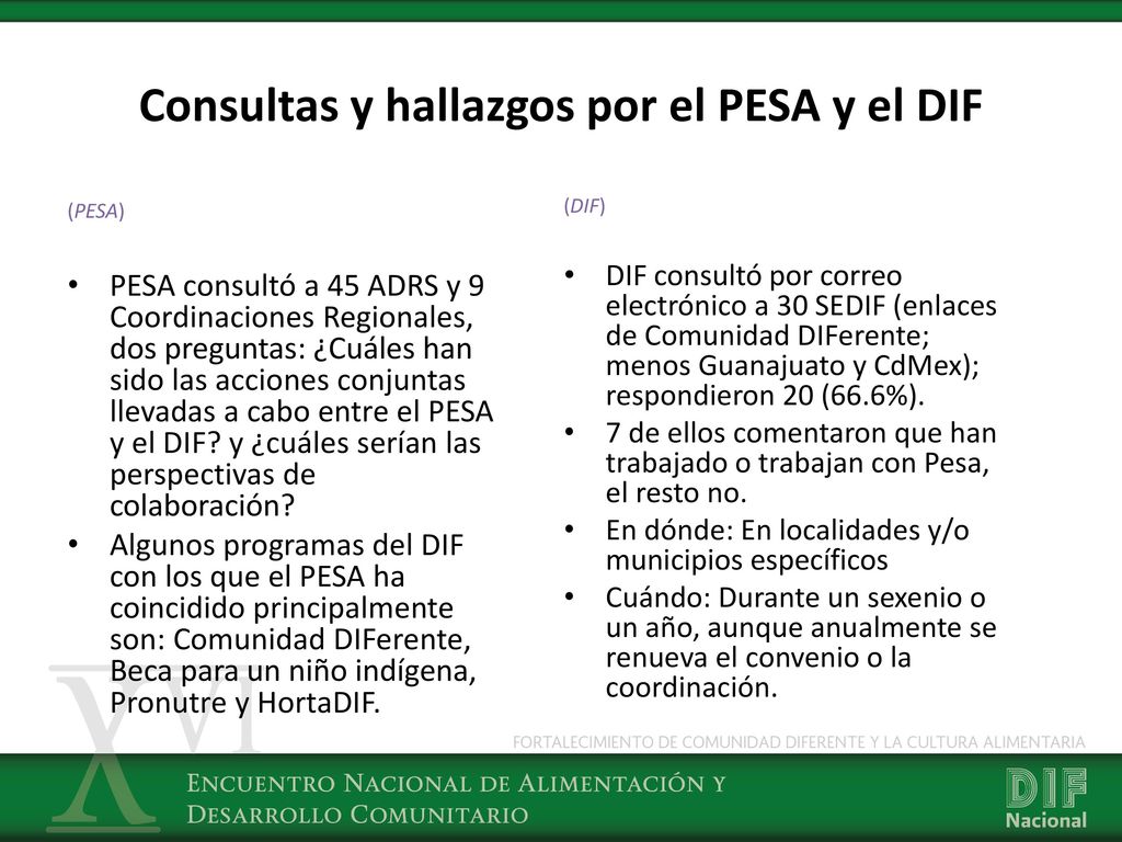 Consultas y hallazgos por el PESA y el DIF