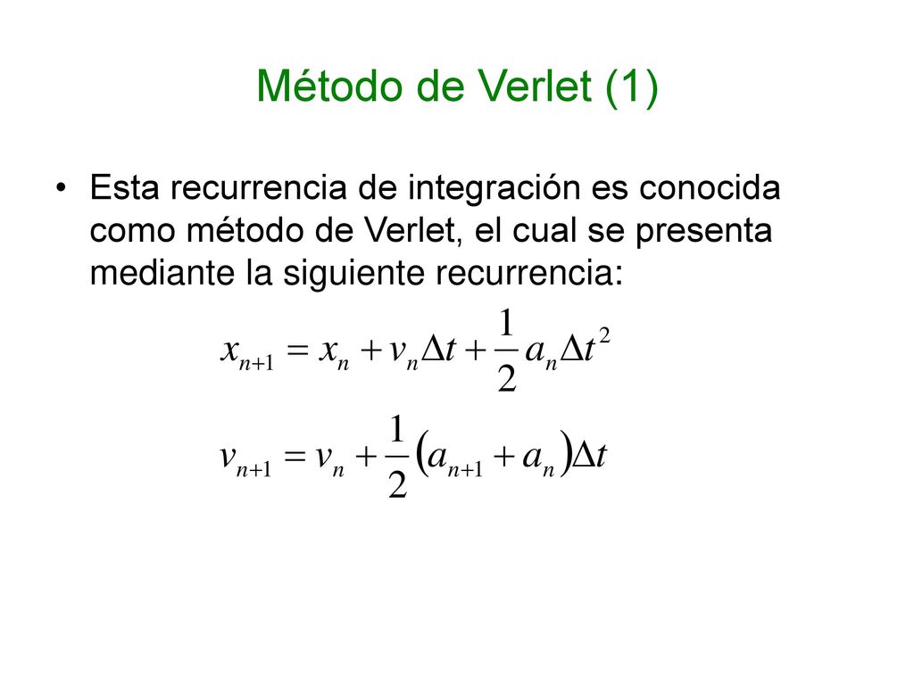 Método de Verlet (1) Esta recurrencia de integración es conocida como método de Verlet, el cual se presenta mediante la siguiente recurrencia: