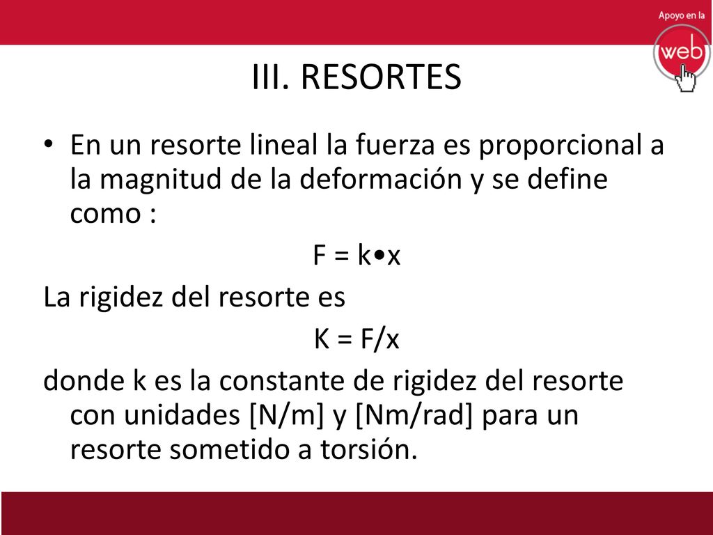 III. RESORTES En un resorte lineal la fuerza es proporcional a la magnitud de la deformación y se define como :