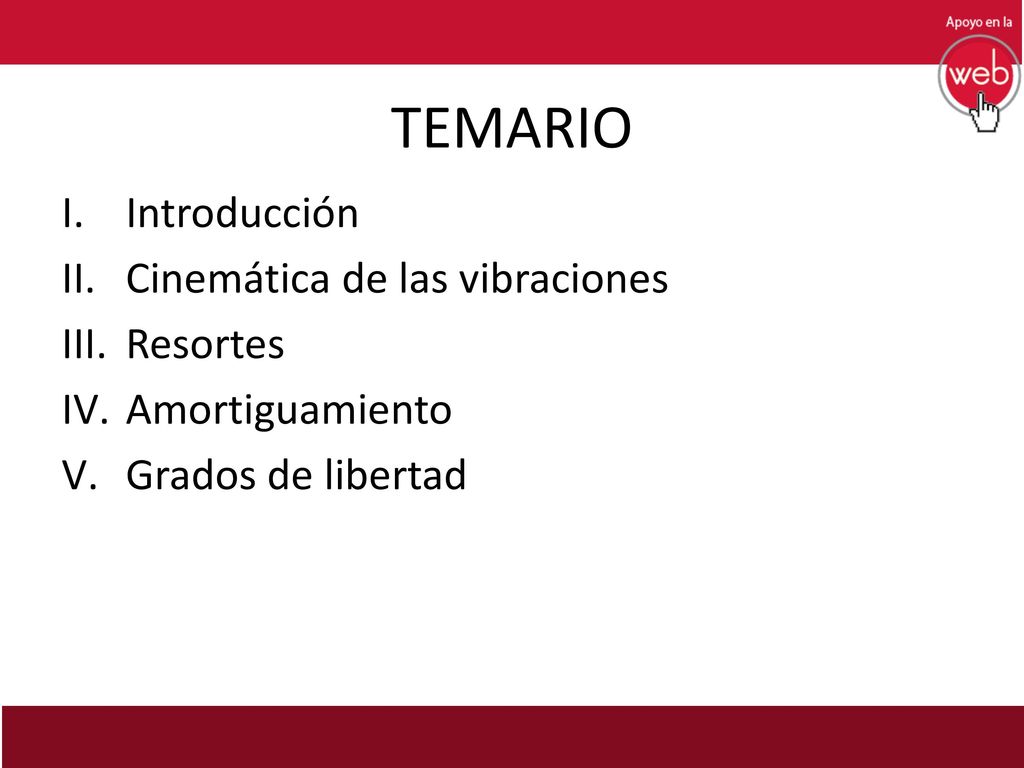 TEMARIO Introducción Cinemática de las vibraciones Resortes