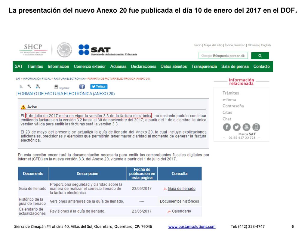 La presentación del nuevo Anexo 20 fue publicada el día 10 de enero del 2017 en el DOF.