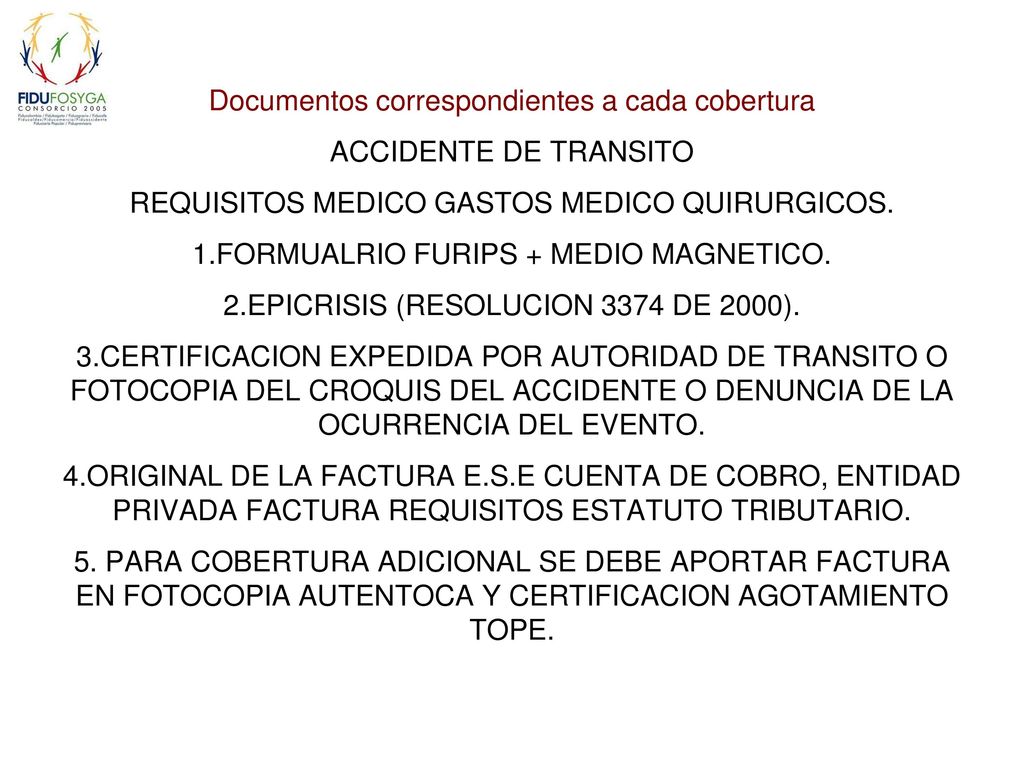 Documentos correspondientes a cada cobertura ACCIDENTE DE TRANSITO
