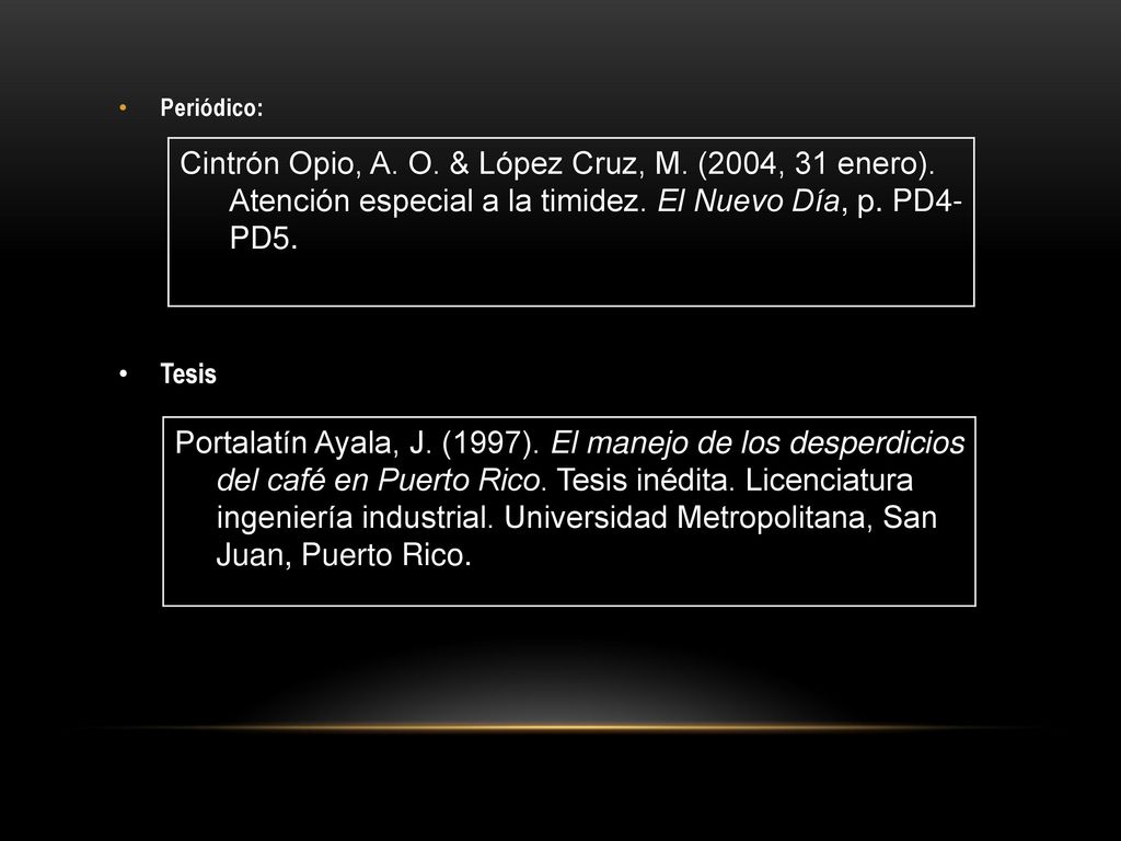 Periódico: Cintrón Opio, A. O. & López Cruz, M. (2004, 31 enero). Atención especial a la timidez. El Nuevo Día, p. PD4-PD5.