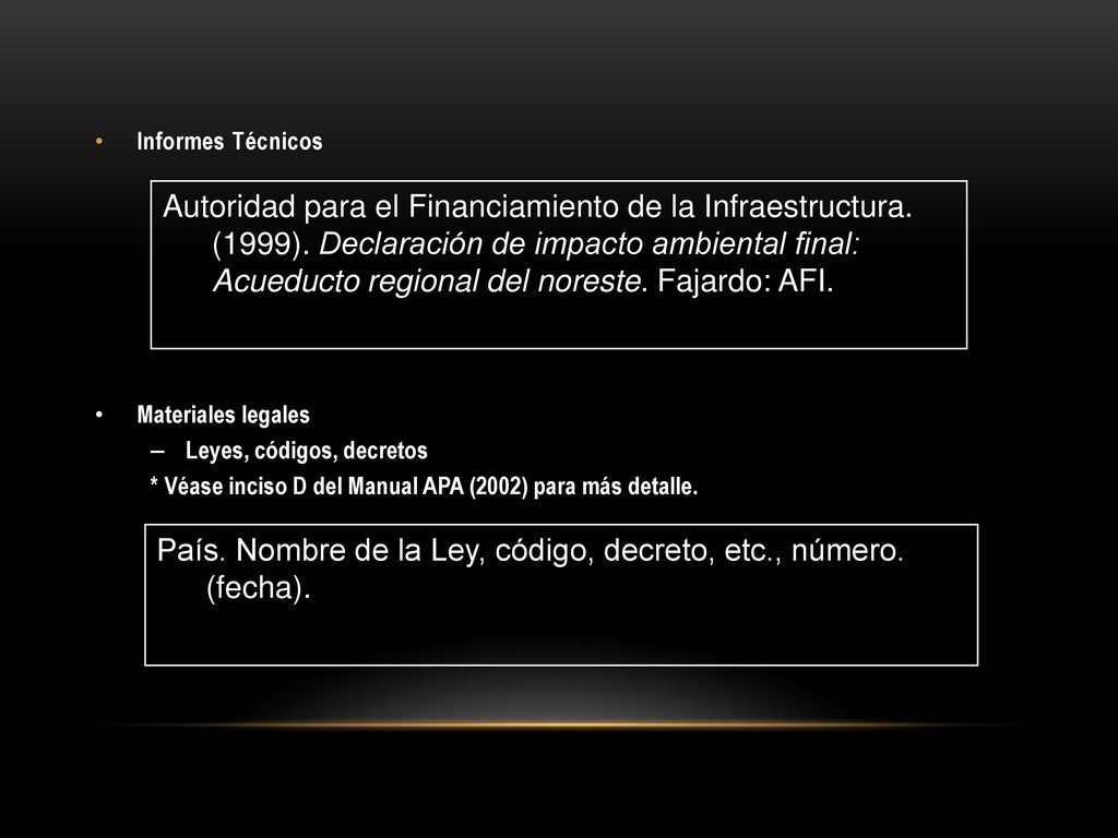 País. Nombre de la Ley, código, decreto, etc., número. (fecha).