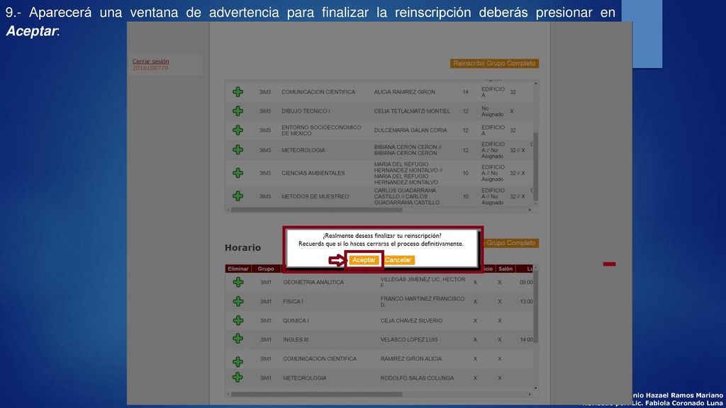 9.- Aparecerá una ventana de advertencia para finalizar la reinscripción deberás presionar en Aceptar: