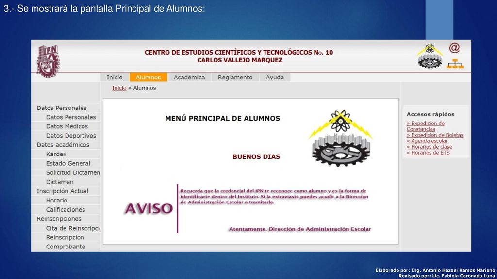 3.- Se mostrará la pantalla Principal de Alumnos:
