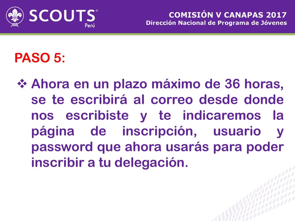 COMISIÓN V CANAPAS 2017 Dirección Nacional de Programa de Jóvenes. PASO 5:
