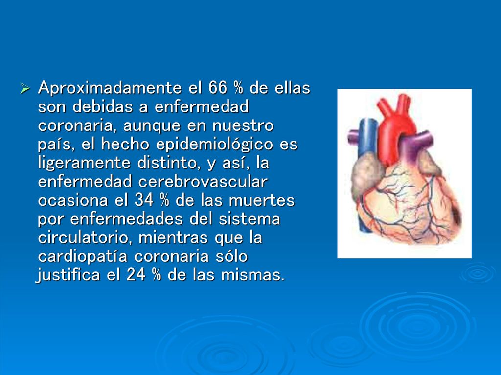 Aproximadamente el 66 % de ellas son debidas a enfermedad coronaria, aunque en nuestro país, el hecho epidemiológico es ligeramente distinto, y así, la enfermedad cerebrovascular ocasiona el 34 % de las muertes por enfermedades del sistema circulatorio, mientras que la cardiopatía coronaria sólo justifica el 24 % de las mismas.