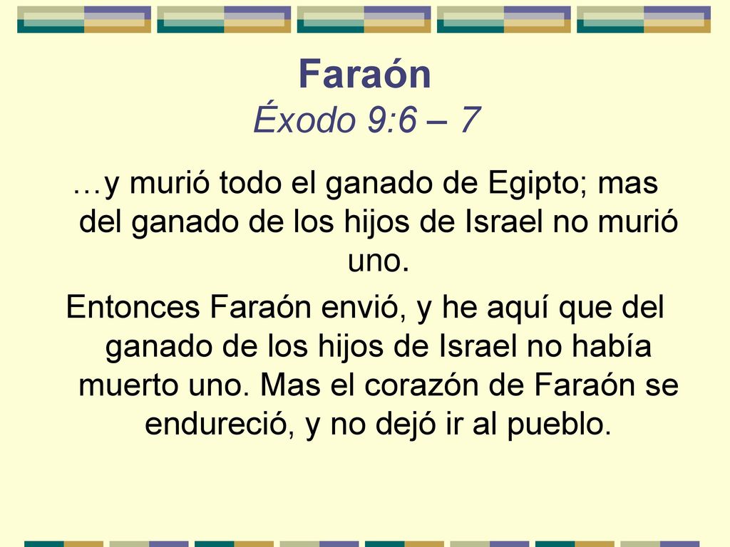 Faraón Éxodo 9:6 – 7 …y murió todo el ganado de Egipto; mas del ganado de los hijos de Israel no murió uno.