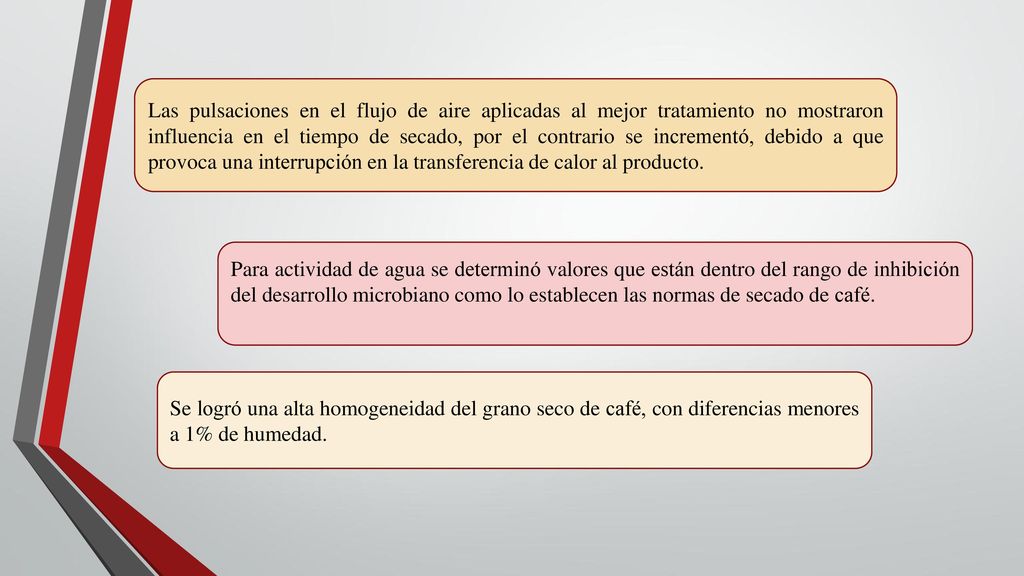 Las pulsaciones en el flujo de aire aplicadas al mejor tratamiento no mostraron influencia en el tiempo de secado, por el contrario se incrementó, debido a que provoca una interrupción en la transferencia de calor al producto.