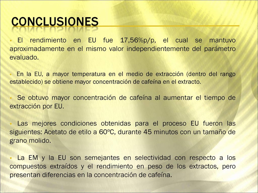 El rendimiento en EU fue 17,56%p/p, el cual se mantuvo aproximadamente en el mismo valor independientemente del parámetro evaluado.