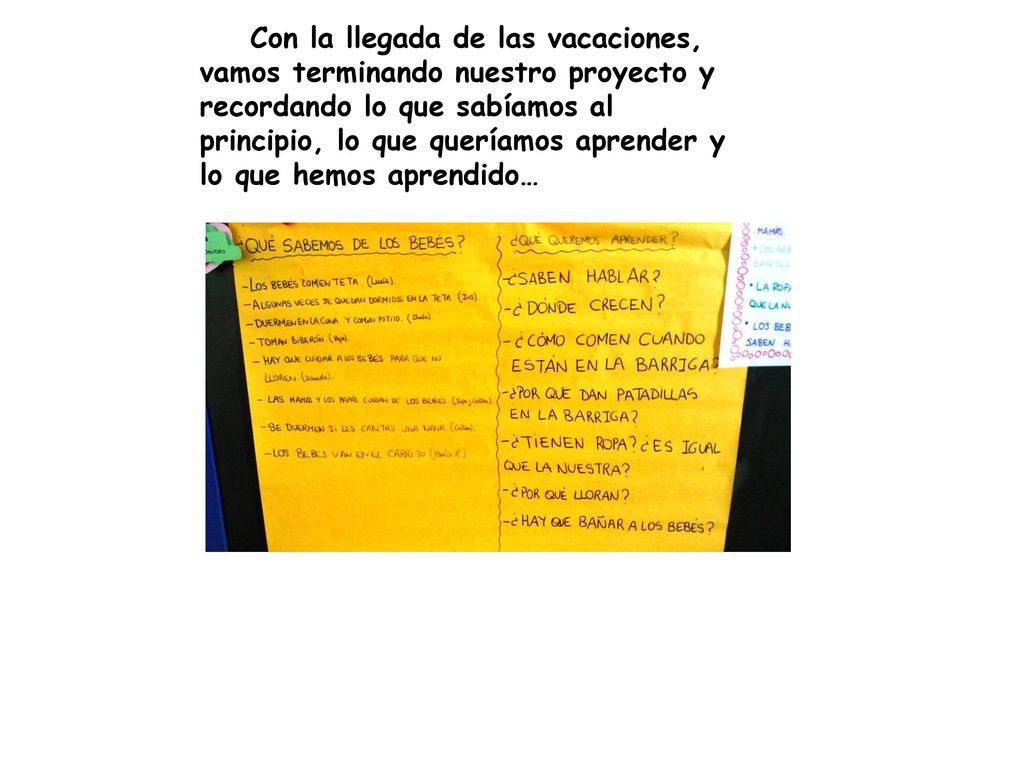 Con la llegada de las vacaciones, vamos terminando nuestro proyecto y recordando lo que sabíamos al principio, lo que queríamos aprender y lo que hemos aprendido…