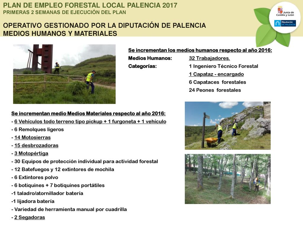 PLAN DE EMPLEO FORESTAL LOCAL PALENCIA 2017 PRIMERAS 2 SEMANAS DE EJECUCIÓN DEL PLAN OPERATIVO GESTIONADO POR LA DIPUTACIÓN DE PALENCIA MEDIOS HUMANOS Y MATERIALES