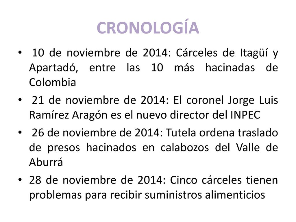 CRONOLOGÍA 10 de noviembre de 2014: Cárceles de Itagüí y Apartadó, entre las 10 más hacinadas de Colombia.