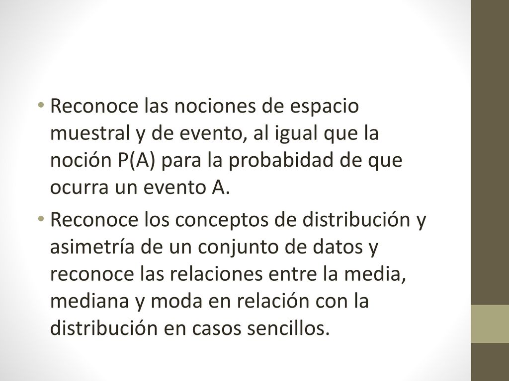 Reconoce las nociones de espacio muestral y de evento, al igual que la noción P(A) para la probabidad de que ocurra un evento A.