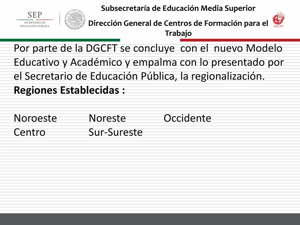 Regiones Establecidas : Noroeste Noreste Occidente Centro Sur-Sureste
