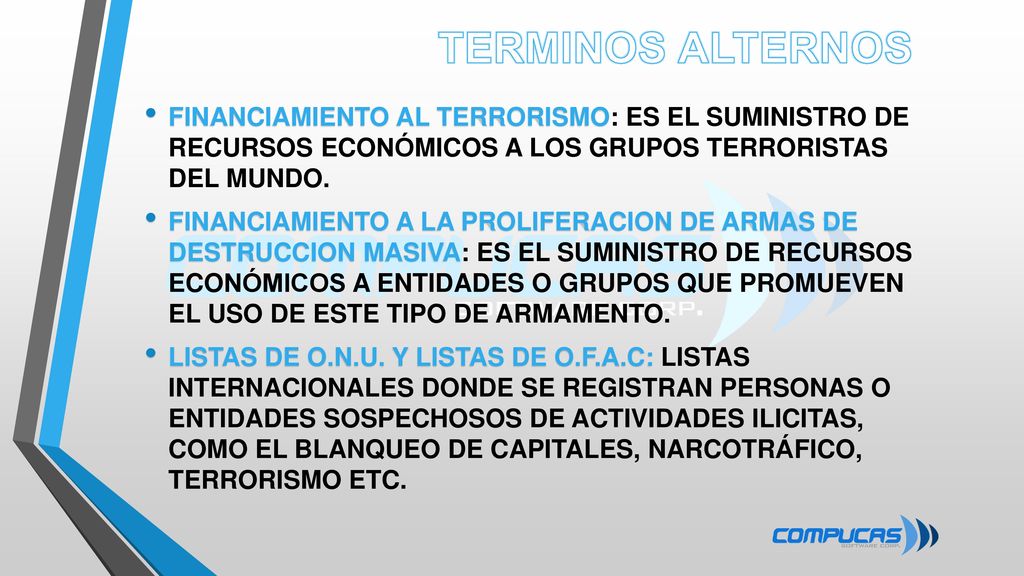 TERMINOS ALTERNOS FINANCIAMIENTO AL TERRORISMO: ES EL SUMINISTRO DE RECURSOS ECONÓMICOS A LOS GRUPOS TERRORISTAS DEL MUNDO.