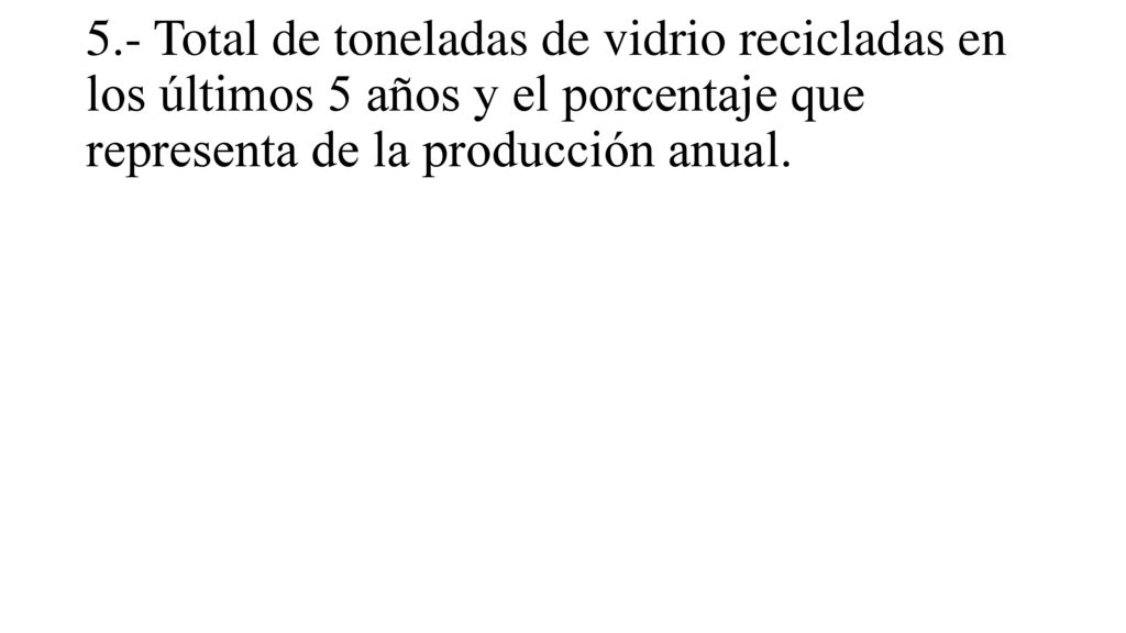 5.- Total de toneladas de vidrio recicladas en los últimos 5 años y el porcentaje que representa de la producción anual.