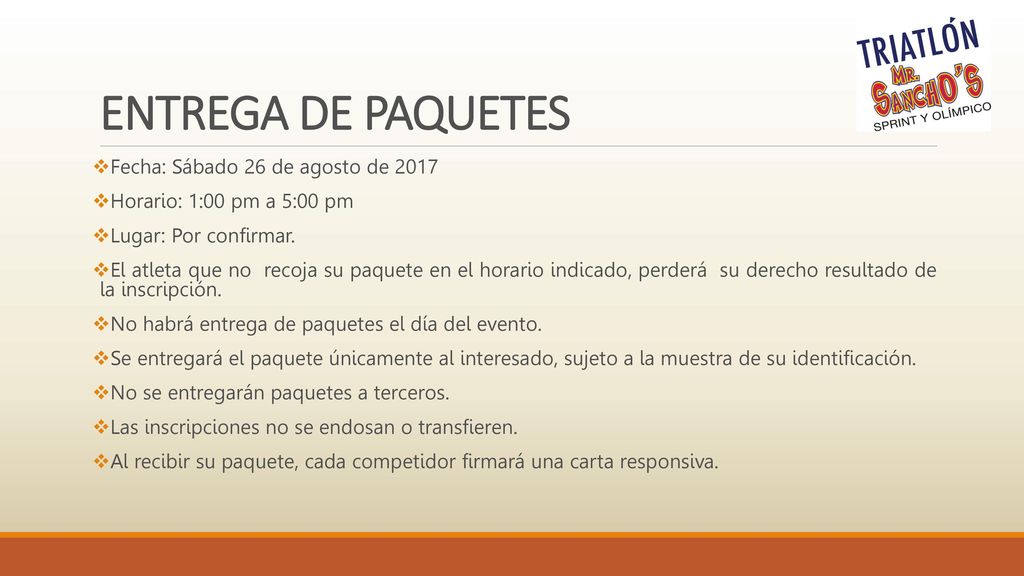 ENTREGA DE PAQUETES Fecha: Sábado 26 de agosto de 2017