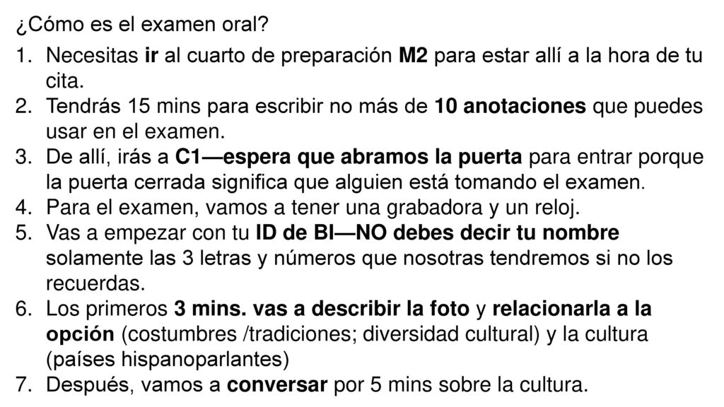 ¿Cómo es el examen oral Necesitas ir al cuarto de preparación M2 para estar allí a la hora de tu cita.