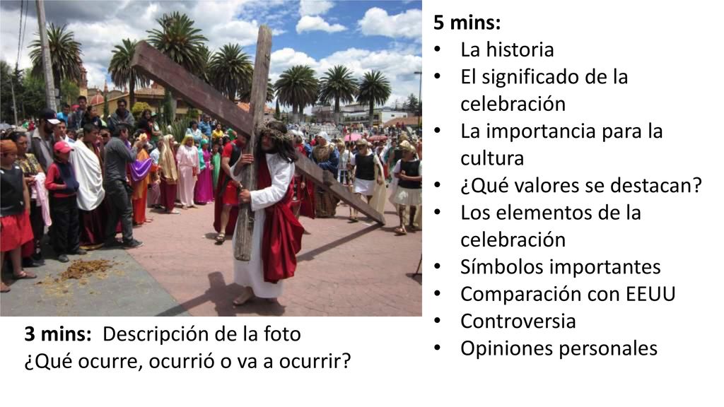 5 mins: La historia. El significado de la celebración. La importancia para la cultura. ¿Qué valores se destacan