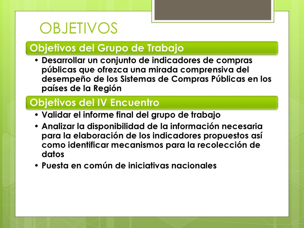 OBJETIVOS Objetivos del Grupo de Trabajo Objetivos del IV Encuentro