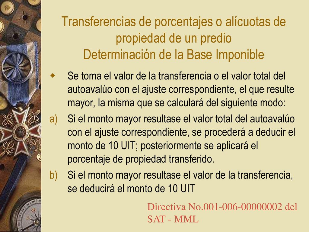 Transferencias de porcentajes o alícuotas de propiedad de un predio Determinación de la Base Imponible