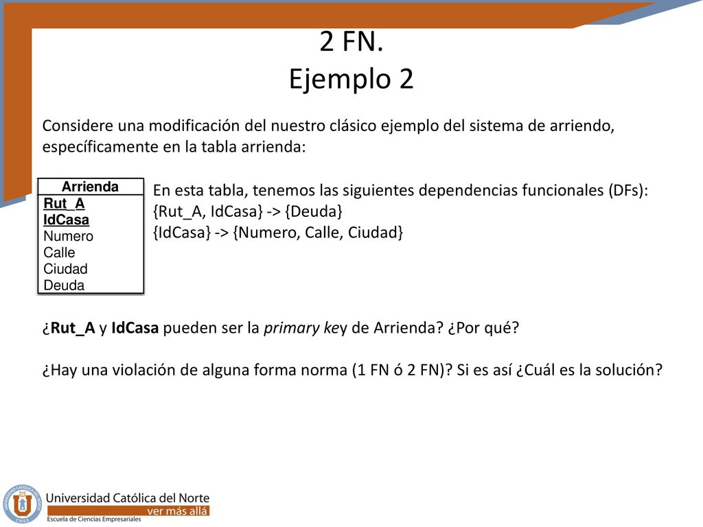 2 FN. Ejemplo 2 Considere una modificación del nuestro clásico ejemplo del sistema de arriendo, específicamente en la tabla arrienda: