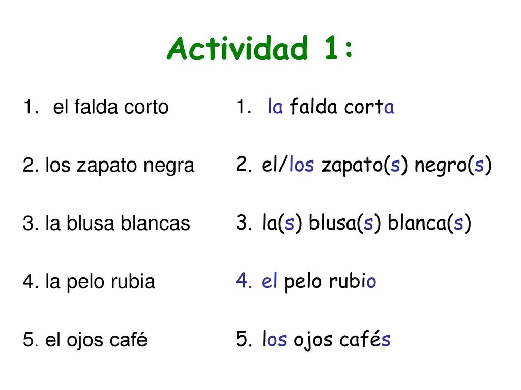 Actividad 1: el falda corto 2. los zapato negra 3. la blusa blancas