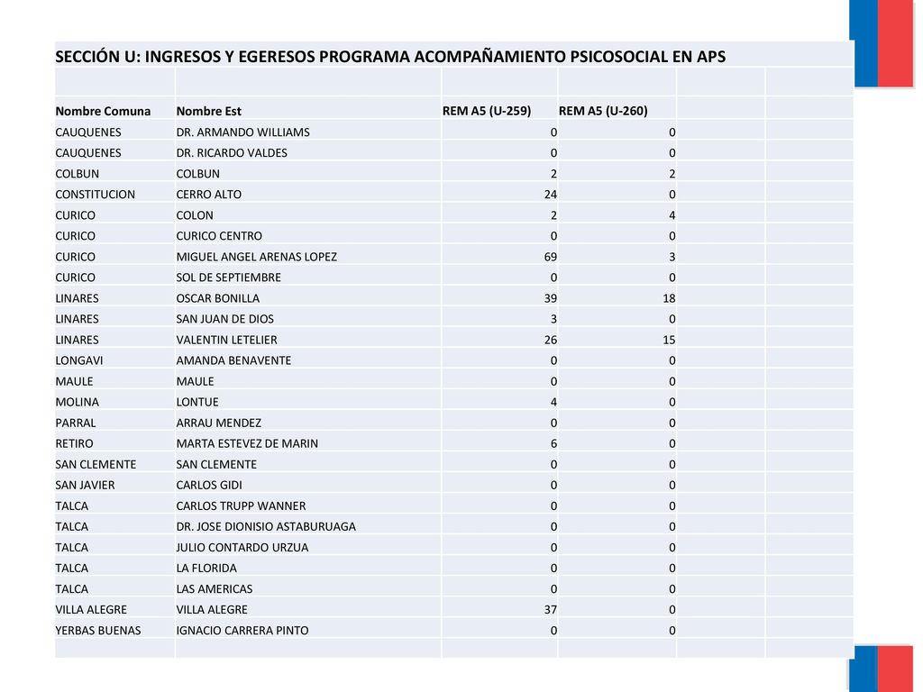 SECCIÓN U: INGRESOS Y EGERESOS PROGRAMA ACOMPAÑAMIENTO PSICOSOCIAL EN APS