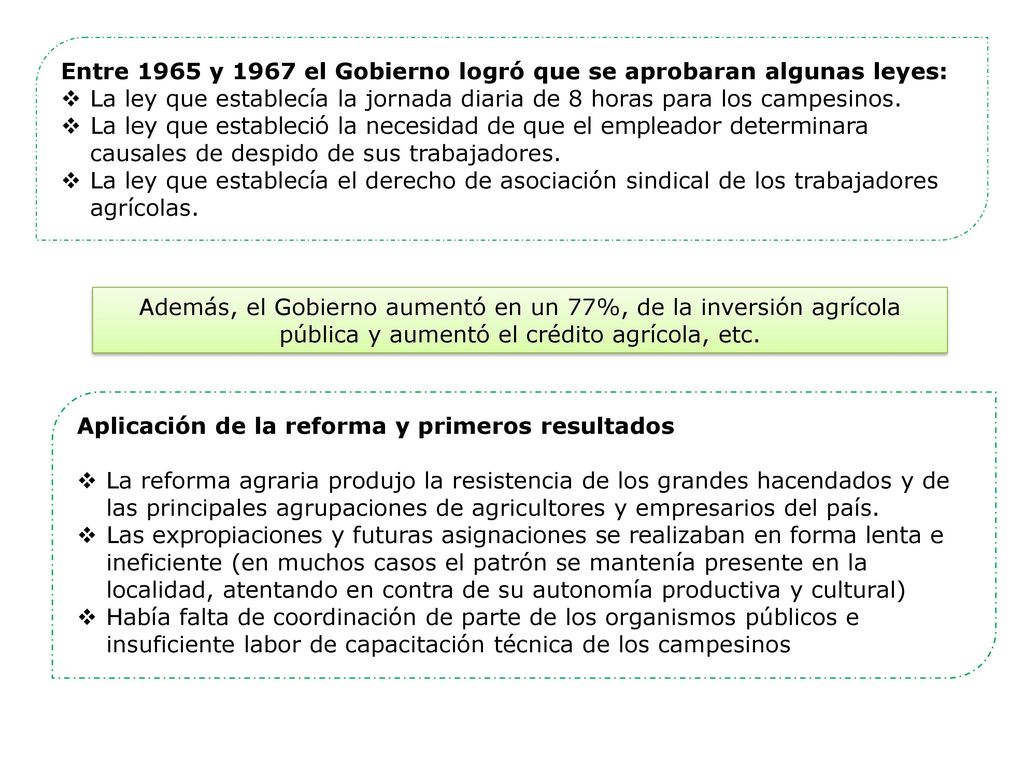 Entre 1965 y 1967 el Gobierno logró que se aprobaran algunas leyes: