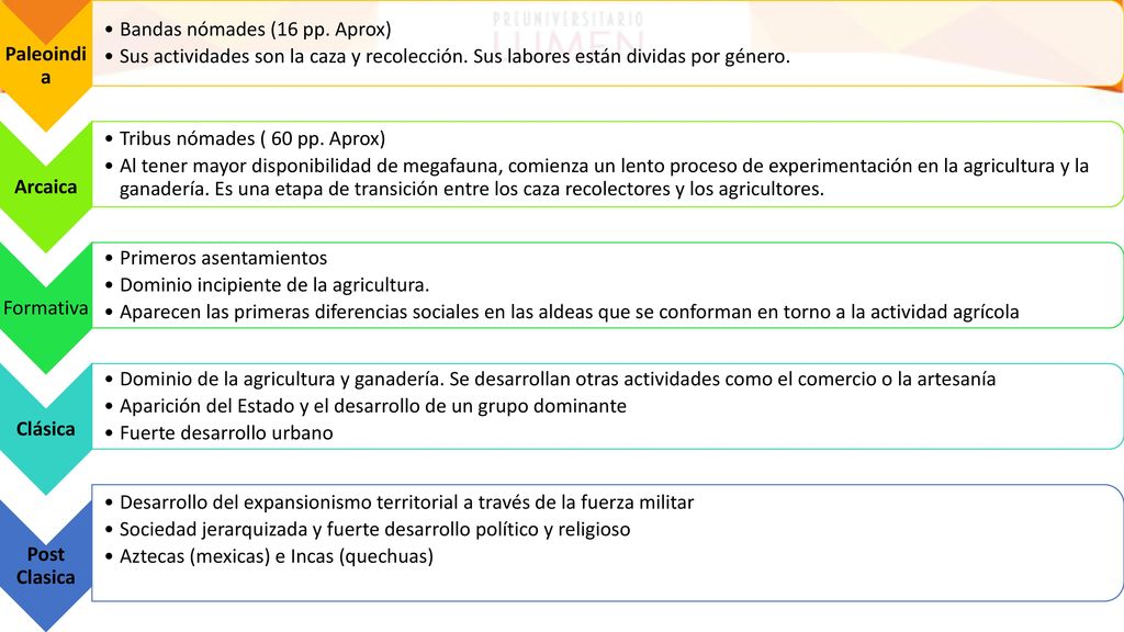 Paleoindia Bandas nómades (16 pp. Aprox) Sus actividades son la caza y recolección. Sus labores están dividas por género.