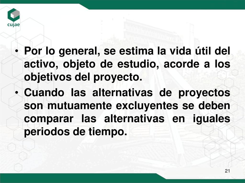 Por lo general, se estima la vida útil del activo, objeto de estudio, acorde a los objetivos del proyecto.
