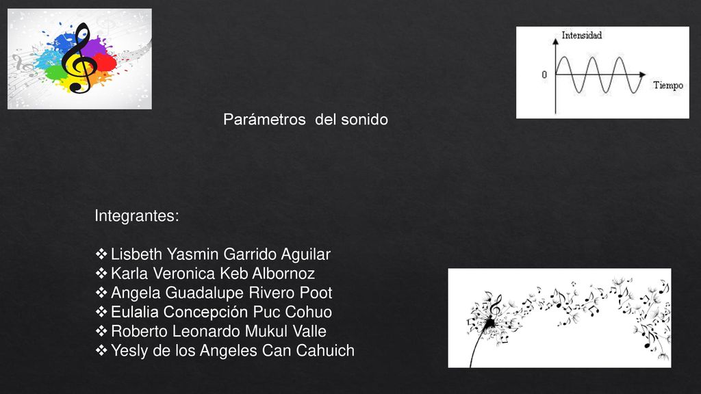 Parámetros del sonido Integrantes: Lisbeth Yasmin Garrido Aguilar. Karla Veronica Keb Albornoz. Angela Guadalupe Rivero Poot.