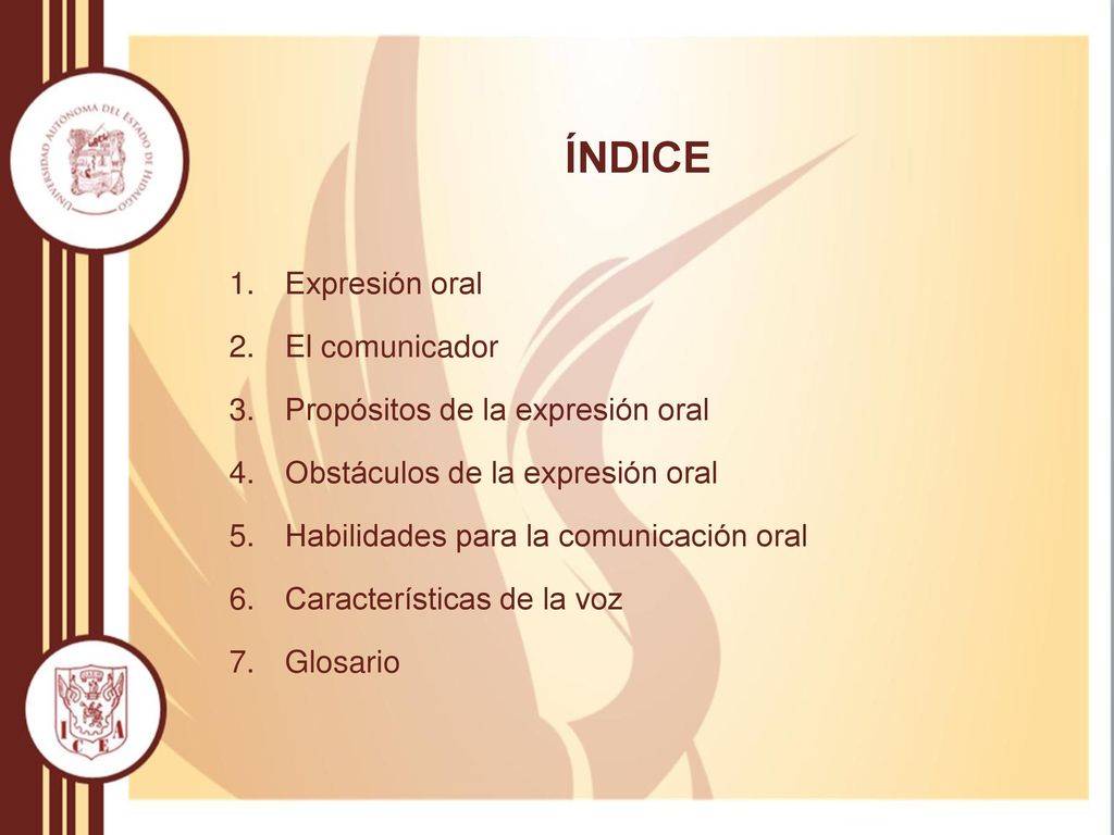 ÍNDICE Expresión oral El comunicador Propósitos de la expresión oral