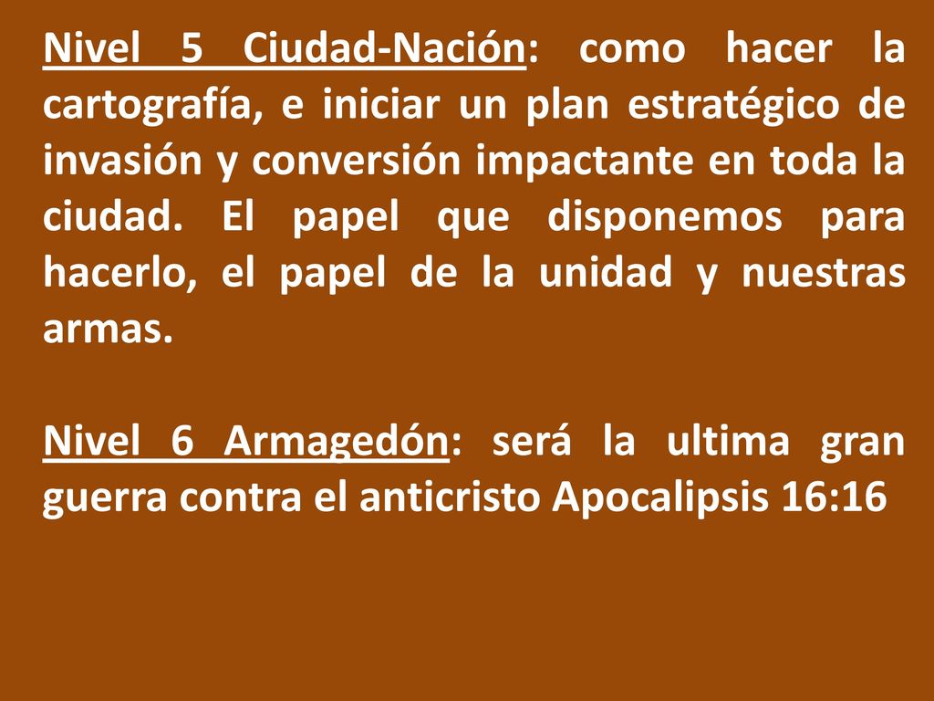 Nivel 5 Ciudad-Nación: como hacer la cartografía, e iniciar un plan estratégico de invasión y conversión impactante en toda la ciudad. El papel que disponemos para hacerlo, el papel de la unidad y nuestras armas.
