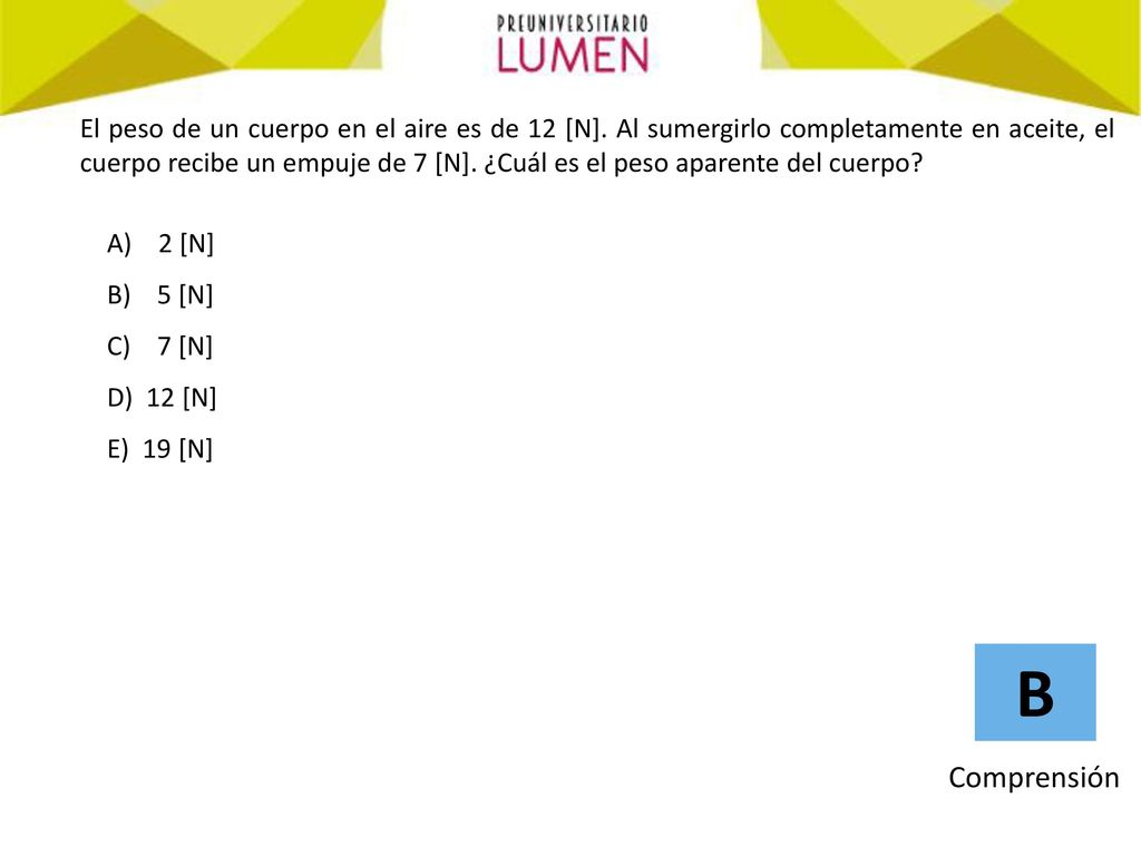 El peso de un cuerpo en el aire es de 12 [N]