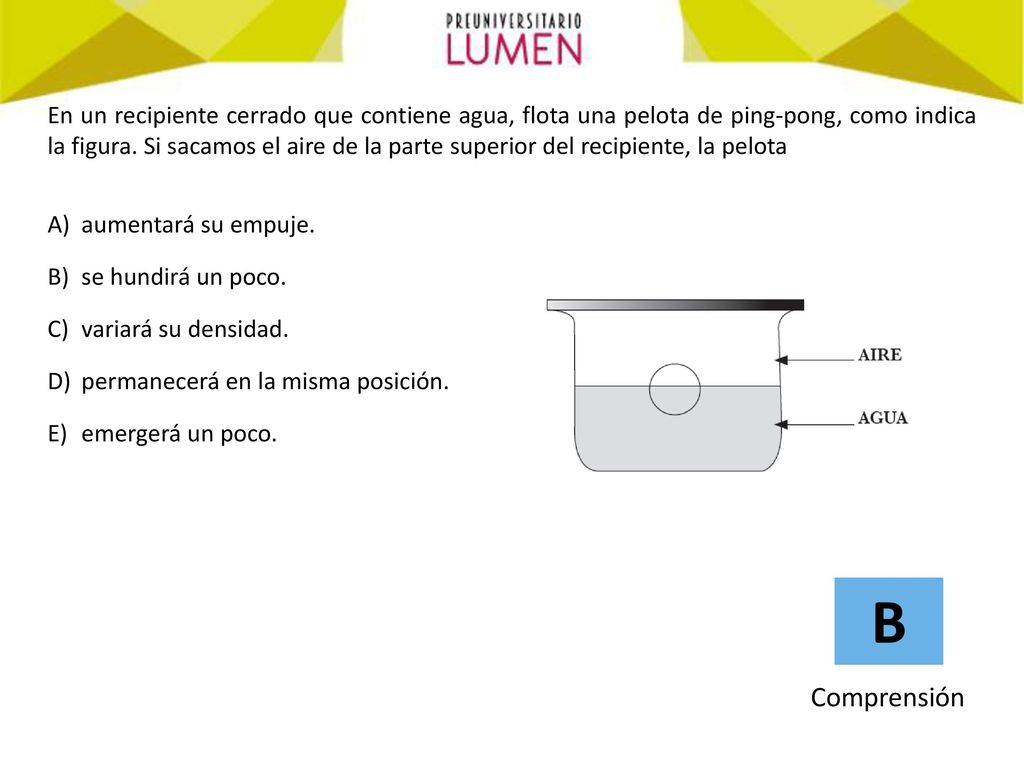 En un recipiente cerrado que contiene agua, flota una pelota de ping-pong, como indica la figura. Si sacamos el aire de la parte superior del recipiente, la pelota