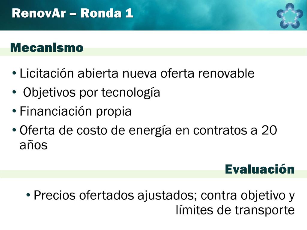 RenovAr – Ronda 1 Mecanismo. Licitación abierta nueva oferta renovable. Objetivos por tecnología.